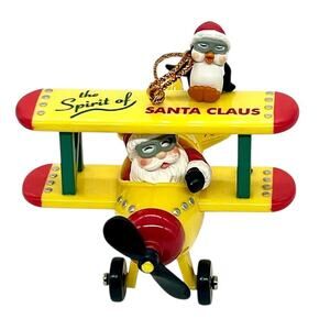 Vintage 1999 Westmar Kirkland Spirit Of Santa Yellow Airplane Penguin Ornament